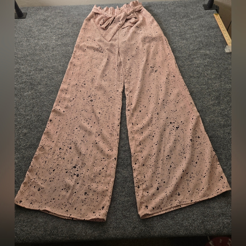 ENTRO Soft Pink Black Splatter Print Wide Leg Paper Bag Belted Palazzo Pants - Picture 14 of 15